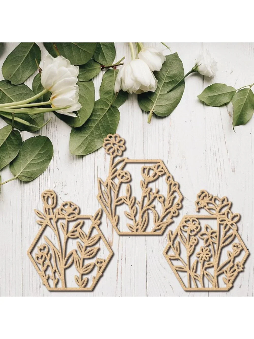 3-Piece Floral Wooden Wall Art Set - Hexagon Decor for Home, Bedroom & Office